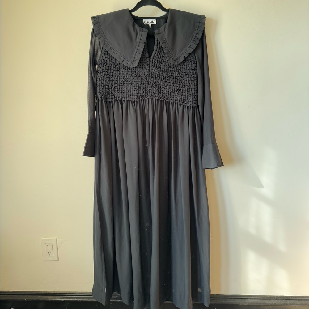 Ganni Gray Smocked Dress